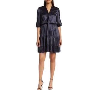 Nanette Lepore Tie Neck Navy Blue Satin Dress sz 6